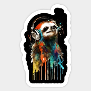 Sloth Painting With Headphones Listening to Music Sticker